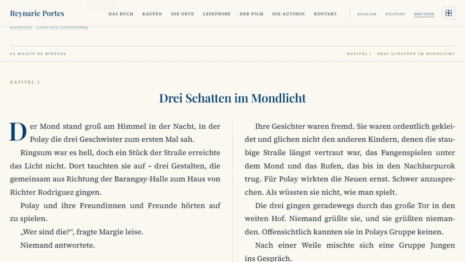Deutsche Leseprobe zu Sa Maliit na Bintana mit Buchtypografie und zweispaltigem Satz