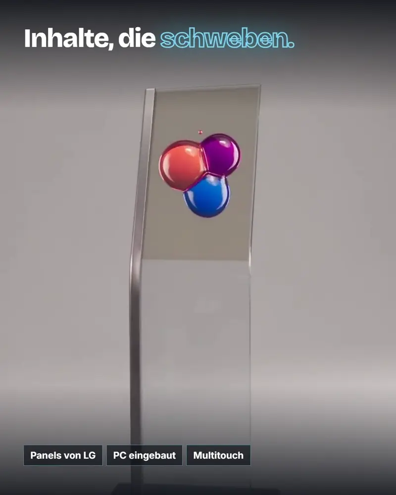 Transparente OLED-Stelen mit leuchtenden digitalen Motiven im Servus-Werbebeispiel