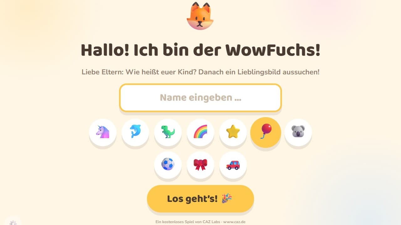 Startbildschirm des Kinder-Lernspiels WowFuchs mit dem Fuchs-Maskottchen