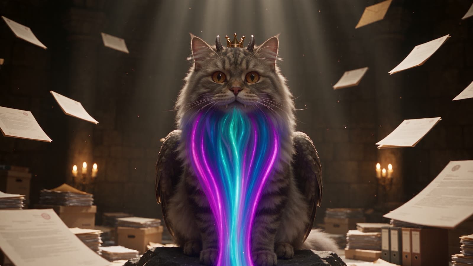 Die Wolpertingerkatze mit leuchtendem Neonbart sitzt auf einem schwebenden Berg aus Akten