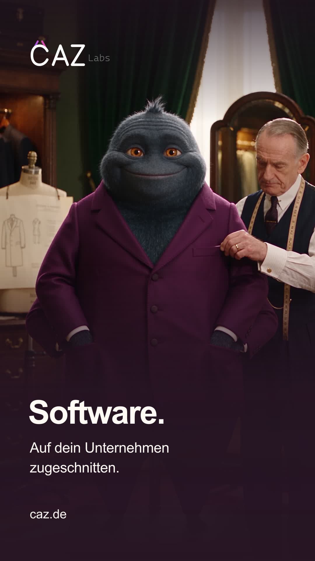 Ein freundliches vierarmiges Monster im Schneideratelier mit einem pflaumenfarbenen Maßanzug