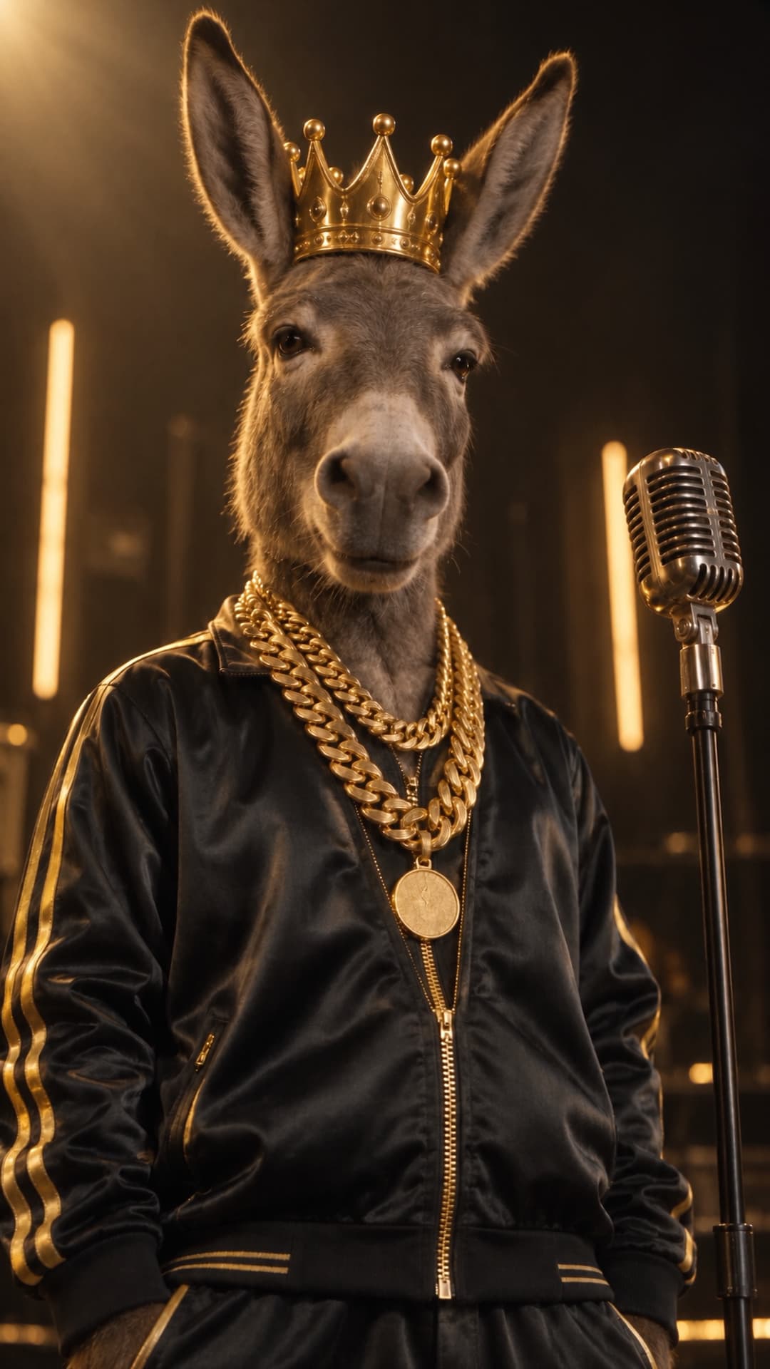 Ein grauer Esel mit Goldkrone und Goldketten im schwarzen Satinanzug vor einem goldenen Studiomikrofon