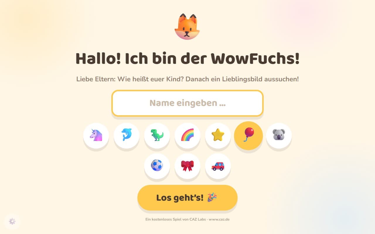 Startbildschirm von WowFuchs: der Fuchs begrüßt das Kind, darunter Namensfeld und Lieblingsbilder zur Auswahl