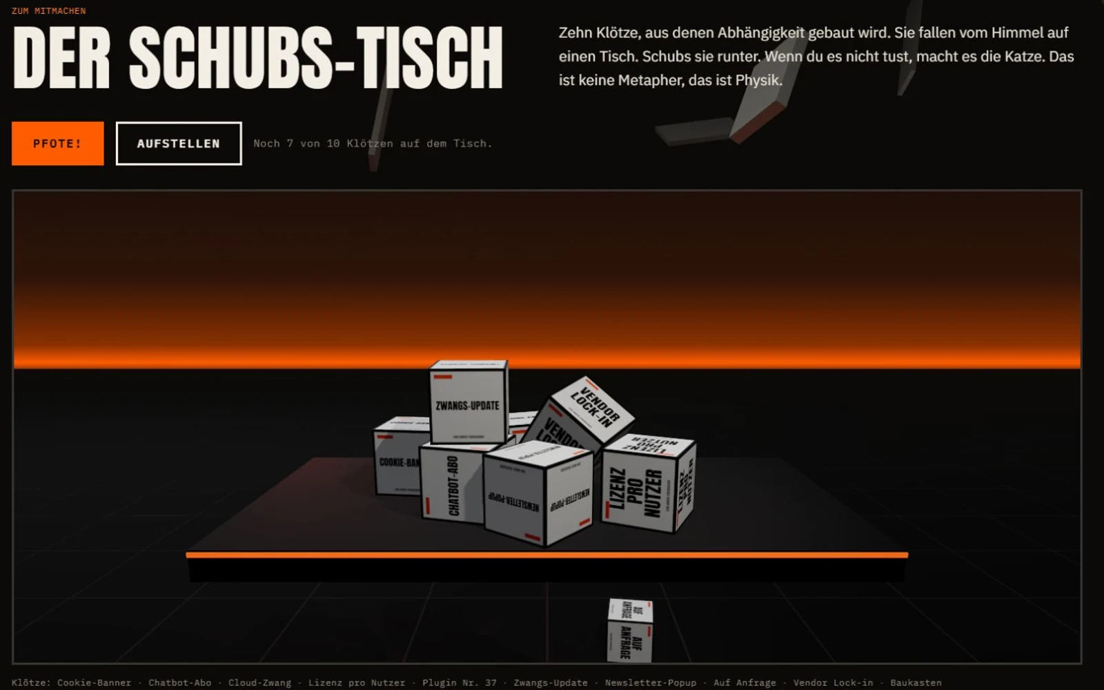 Der interaktive Schubs-Tisch mit beschrifteten 3D-Klötzen vor einem orangefarbenen Horizont auf anarchisten.de