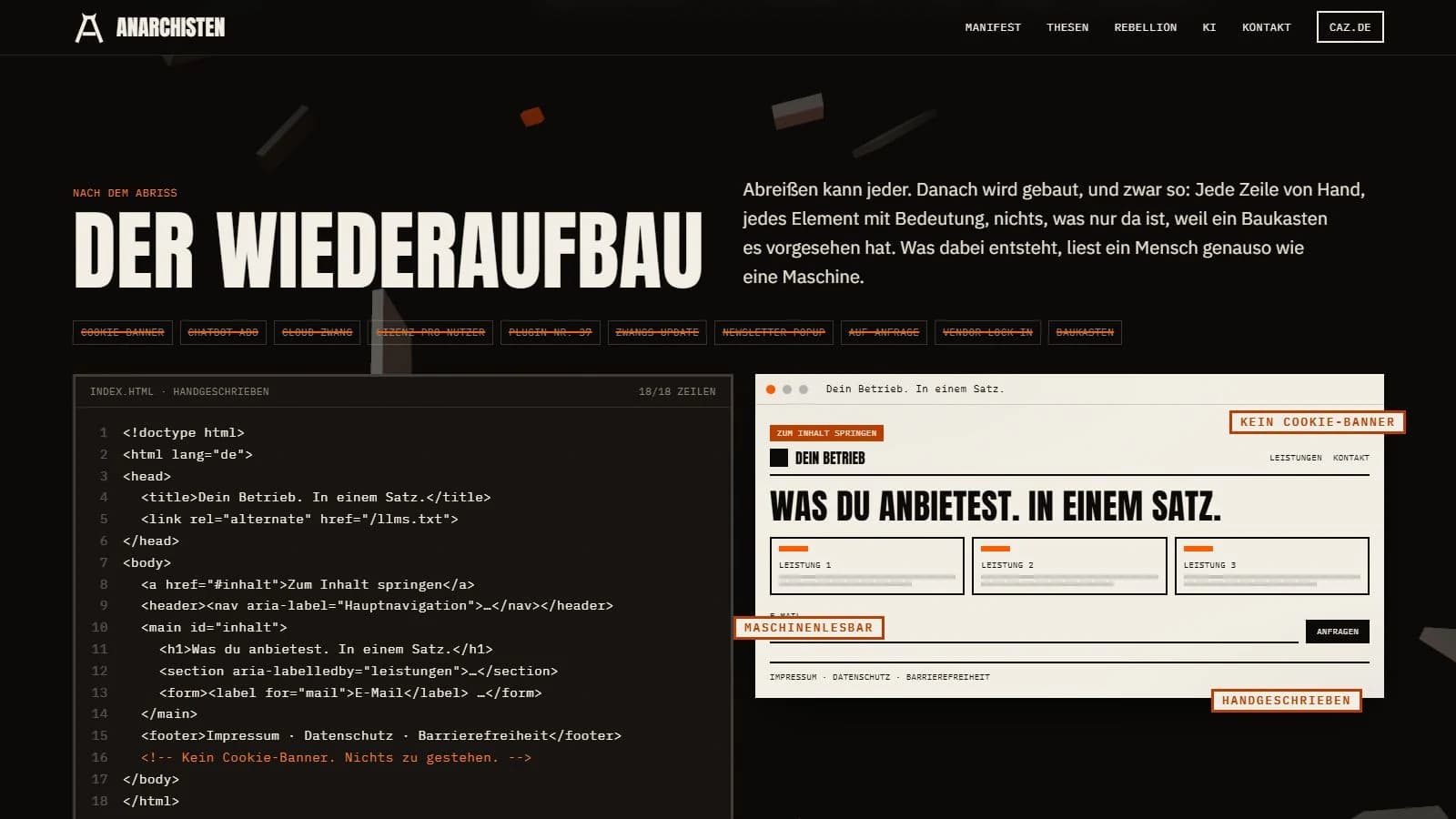 Die Wiederaufbau-Inszenierung mit Codeansicht und entstehender Website nebeneinander