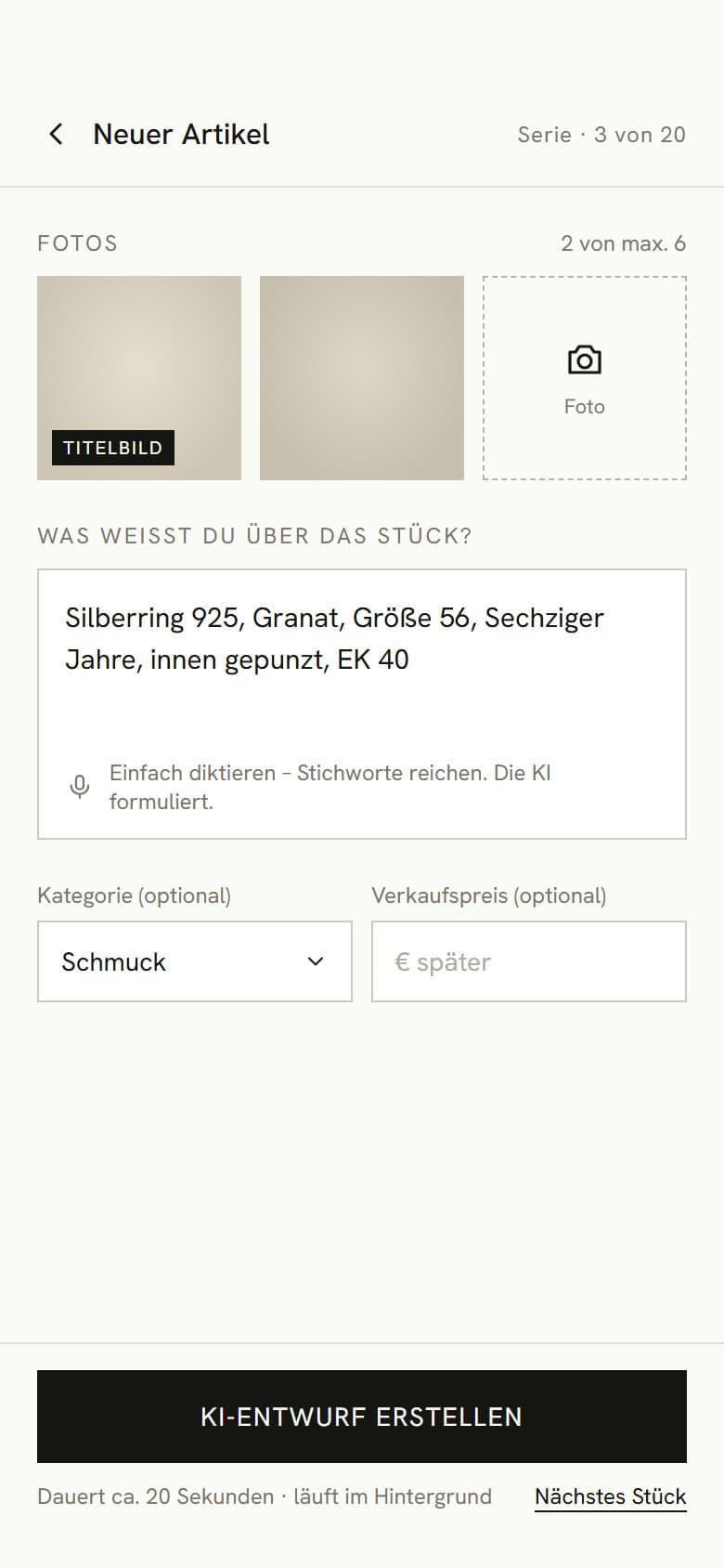 Erfassungsmaske auf dem Handy: Fotos aufnehmen, Stichworte diktieren, KI-Entwurf erstellen