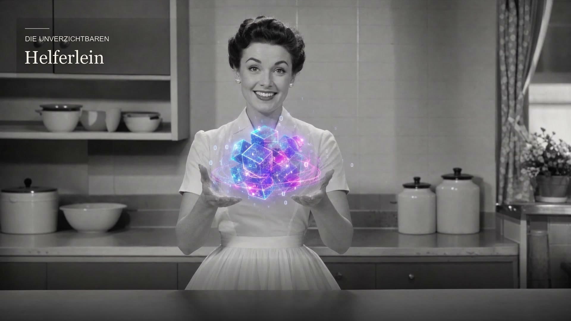 Eine Moderatorin in einer Küche der 1950er-Jahre hält einen violett-blau leuchtenden digitalen Helfer in den Händen.