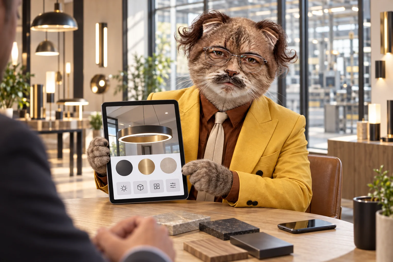 Eine fiktive Katze im gelben Anzug zeigt beim Kundengespräch auf einem Tablet eine beispielhafte Vertriebs-App mit Produktansicht und Materialauswahl.