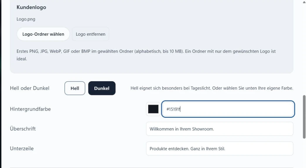CAZpresent-Einrichtung mit eigenem Logo, Hintergrundfarbe und Präsentationstitel