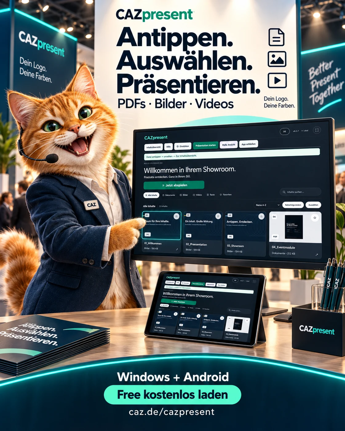 Fiktive Messekatze mit Headset präsentiert CAZpresent und die interaktive Auswahl von PDFs, Bildern und Videos an einem Messestand