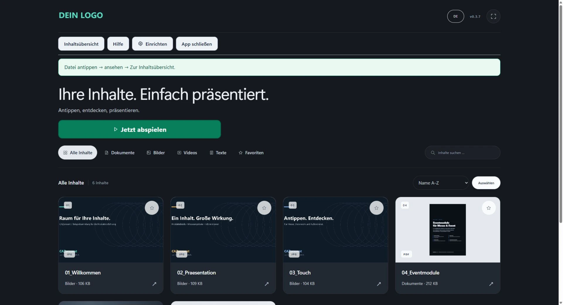Echte Windows-Ansicht von CAZpresent mit auswählbaren Inhaltskarten für die Touch-Präsentation