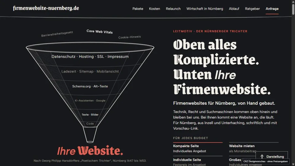 Designvorschau von firmenwebsite-nuernberg.de: Kupferstich & Trichter