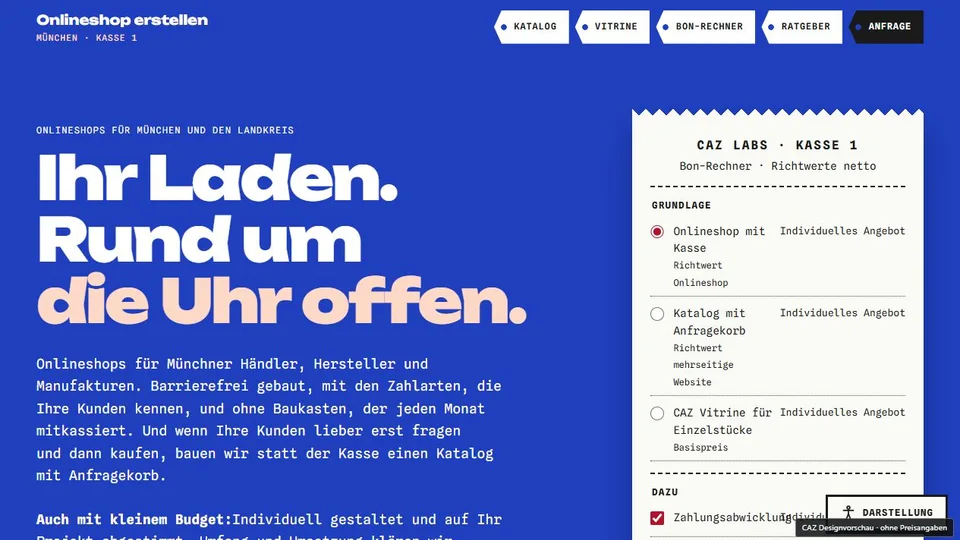 Designvorschau von onlineshop-erstellen-muenchen.de: Kassenbon & Ultramarin