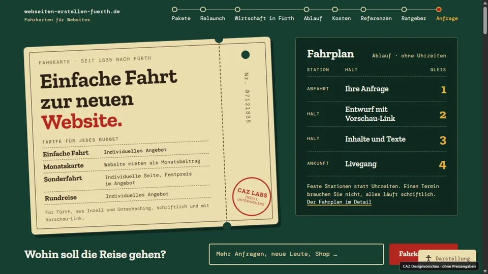 Designvorschau von webseiten-erstellen-fuerth.de: Fahrkarte & Fahrplan