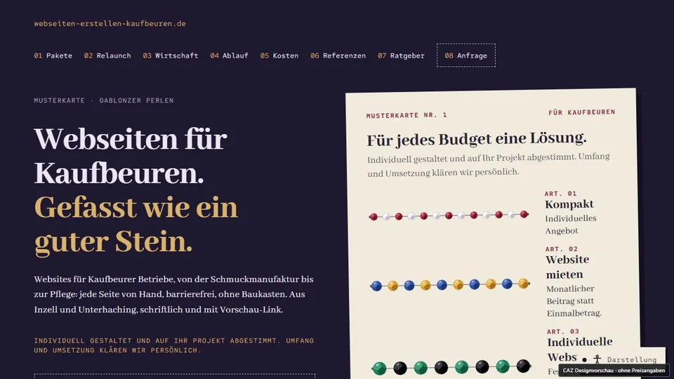 Designvorschau von webseiten-erstellen-kaufbeuren.de: Perlen & Musterkarte